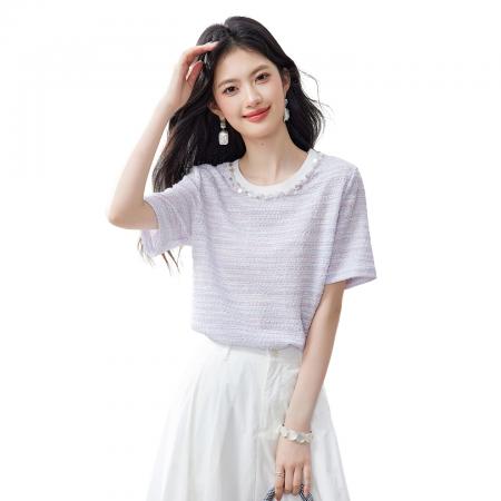 BY14443# 珍珠装饰圆领T恤女夏季新款女装休闲正肩设计直筒上衣服裝批發女裝批發服飾貨源