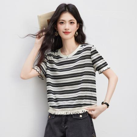 BY14444# 条纹短袖t恤女夏新款正肩流苏薄款针织上衣女服裝批發女裝批發服飾貨源