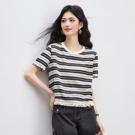 BY14444# 条纹短袖t恤女夏新款正肩流苏薄款针织上衣女服裝批發女裝批發服飾貨源