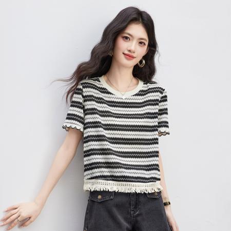 BY14444# 条纹短袖t恤女夏新款正肩流苏薄款针织上衣女服裝批發女裝批發服飾貨源