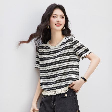 BY14444# 条纹短袖t恤女夏新款正肩流苏薄款针织上衣女服裝批發女裝批發服飾貨源