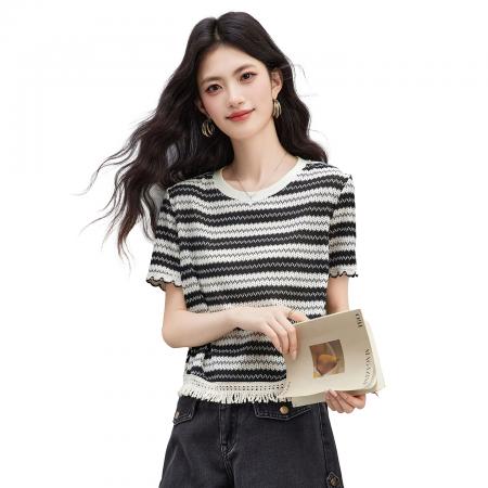 BY14444# 条纹短袖t恤女夏新款正肩流苏薄款针织上衣女服裝批發女裝批發服飾貨源
