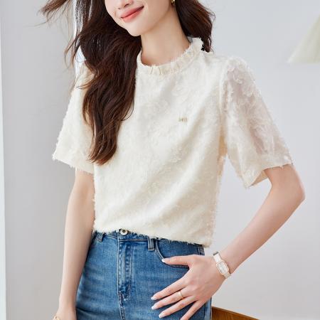 BY14445# 夏季新款木耳边减龄短袖宽松雪纺衫设计感小众衬衫女法式上衣服裝批發女裝批發服飾貨源