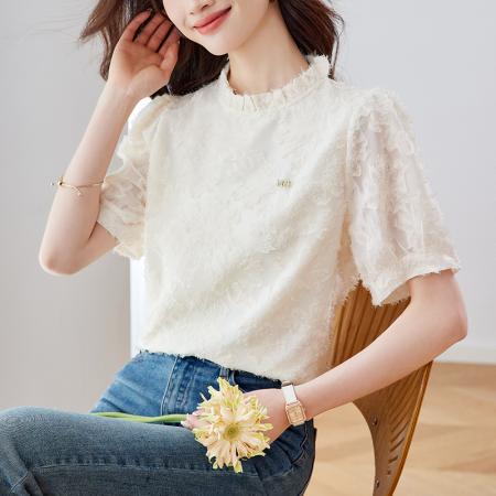 BY14445# 夏季新款木耳边减龄短袖宽松雪纺衫设计感小众衬衫女法式上衣服裝批發女裝批發服飾貨源