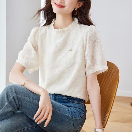 BY14445# 夏季新款木耳边减龄短袖宽松雪纺衫设计感小众衬衫女法式上衣服裝批發女裝批發服飾貨源
