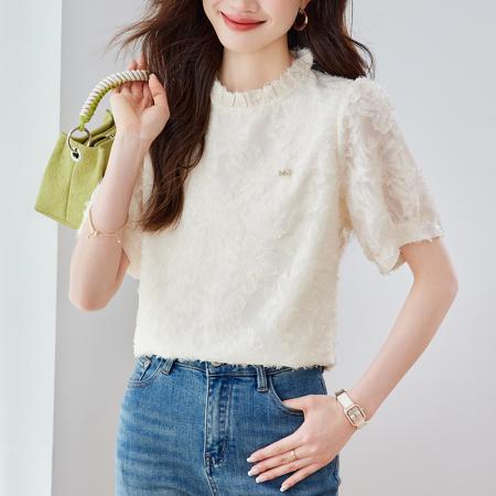 BY14445# 夏季新款木耳边减龄短袖宽松雪纺衫设计感小众衬衫女法式上衣服裝批發女裝批發服飾貨源