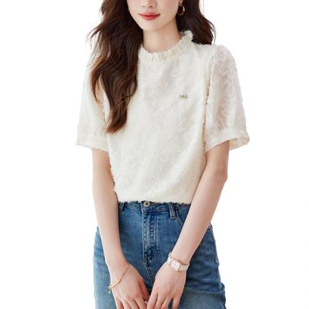 BY14445# 夏季新款木耳边减龄短袖宽松雪纺衫设计感小众衬衫女法式上衣服裝批發女裝批發服飾貨源