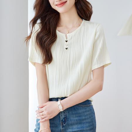 BY14446# 肌理感短袖女正肩t恤夏季新款设计感小众独特别致法式上衣服裝批發女裝批發服飾貨源