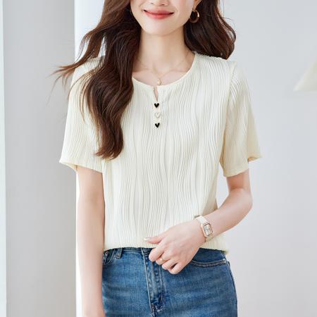 BY14446# 肌理感短袖女正肩t恤夏季新款设计感小众独特别致法式上衣服裝批發女裝批發服飾貨源