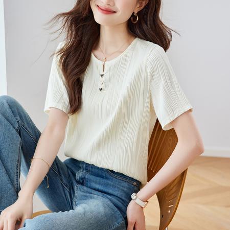 BY14446# 肌理感短袖女正肩t恤夏季新款设计感小众独特别致法式上衣服裝批發女裝批發服飾貨源