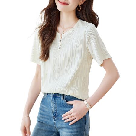 BY14446# 肌理感短袖女正肩t恤夏季新款设计感小众独特别致法式上衣服裝批發女裝批發服飾貨源