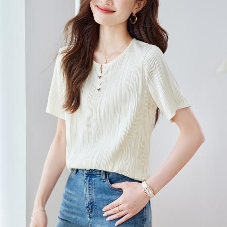 BY14446# 肌理感短袖女正肩t恤夏季新款设计感小众独特别致法式上衣服裝批發女裝批發服飾貨源