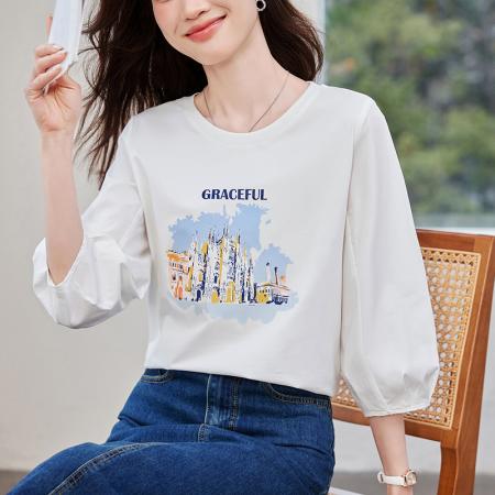 BY14447# 七分袖印花T恤女春夏新款时尚减龄中袖天丝体恤上衣服裝批發女裝批發服飾貨源