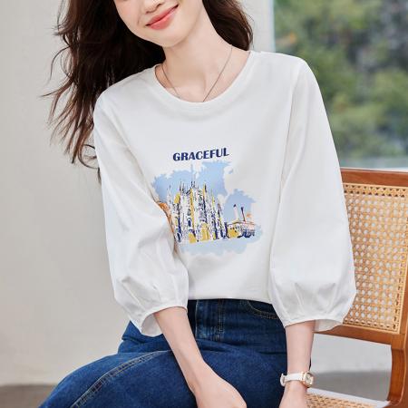 BY14447# 七分袖印花T恤女春夏新款时尚减龄中袖天丝体恤上衣服裝批發女裝批發服飾貨源