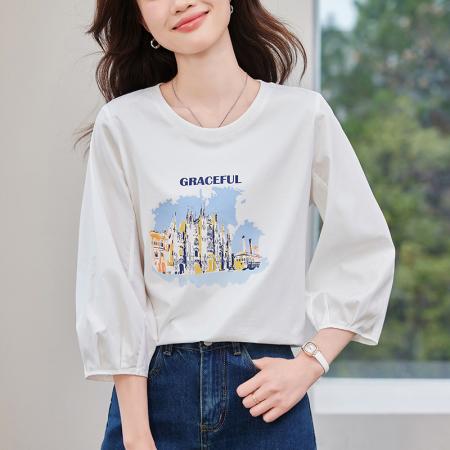 BY14447# 七分袖印花T恤女春夏新款时尚减龄中袖天丝体恤上衣服裝批發女裝批發服飾貨源