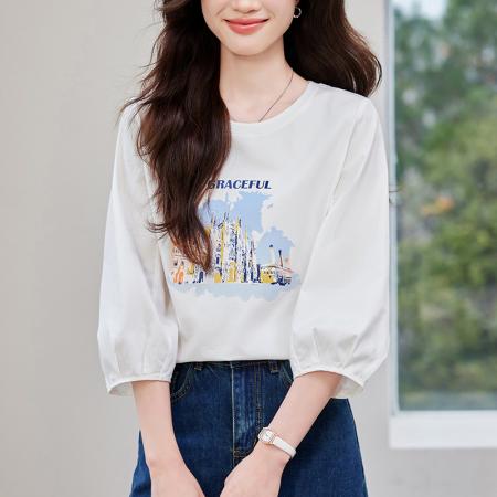 BY14447# 七分袖印花T恤女春夏新款时尚减龄中袖天丝体恤上衣服裝批發女裝批發服飾貨源