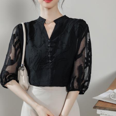 BY14448# 杏色短袖雪纺衫女夏季新款时尚洋气蕾丝衬衫宽松遮肚上衣服裝批發女裝批發服飾貨源