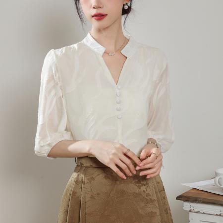 BY14448# 杏色短袖雪纺衫女夏季新款时尚洋气蕾丝衬衫宽松遮肚上衣服裝批發女裝批發服飾貨源