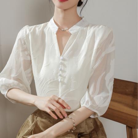 BY14448# 杏色短袖雪纺衫女夏季新款时尚洋气蕾丝衬衫宽松遮肚上衣服裝批發女裝批發服飾貨源