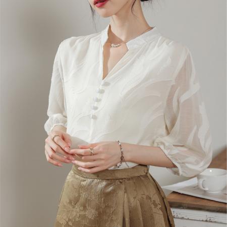 BY14448# 杏色短袖雪纺衫女夏季新款时尚洋气蕾丝衬衫宽松遮肚上衣服裝批發女裝批發服飾貨源