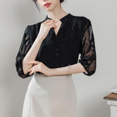 BY14448# 杏色短袖雪纺衫女夏季新款时尚洋气蕾丝衬衫宽松遮肚上衣服裝批發女裝批發服飾貨源