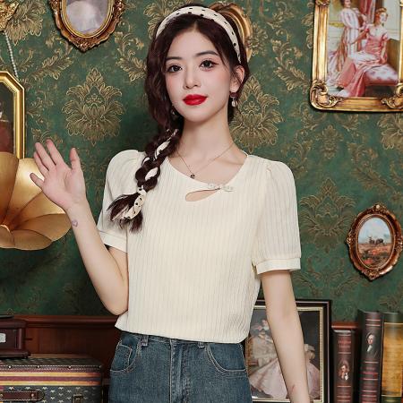 BY14449# 肌理感新中式盘扣衬衫女夏季优雅气质不规则镂空设计上衣服裝批發女裝批發服飾貨源