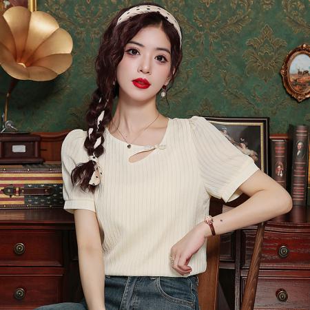 BY14449# 肌理感新中式盘扣衬衫女夏季优雅气质不规则镂空设计上衣服裝批發女裝批發服飾貨源