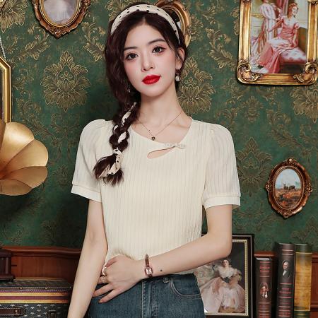 BY14449# 肌理感新中式盘扣衬衫女夏季优雅气质不规则镂空设计上衣服裝批發女裝批發服飾貨源