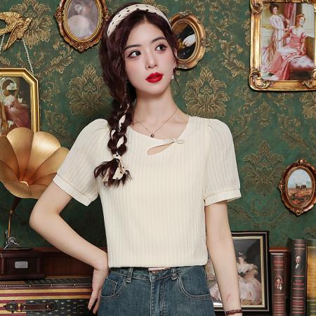 BY14449# 肌理感新中式盘扣衬衫女夏季优雅气质不规则镂空设计上衣服裝批發女裝批發服飾貨源