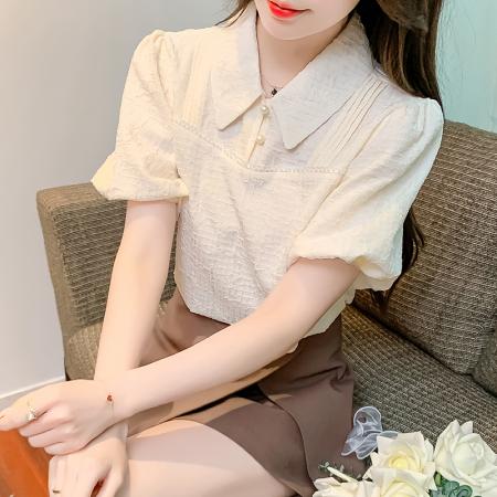 BY14450# 肌理感雪纺衫短袖女夏季新款设计感小众别致小衫文艺上衣服裝批發女裝批發服飾貨源