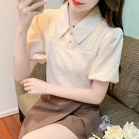 BY14450# 肌理感雪纺衫短袖女夏季新款设计感小众别致小衫文艺上衣服裝批發女裝批發服飾貨源