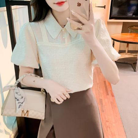 BY14450# 肌理感雪纺衫短袖女夏季新款设计感小众别致小衫文艺上衣服裝批發女裝批發服飾貨源