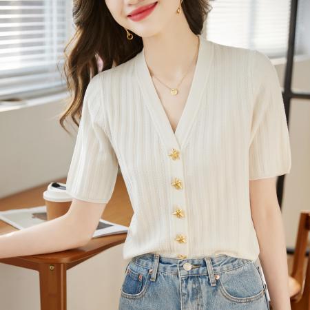 BY14451# 法式高级感小香风开衫短款上衣女夏薄款别致V领冰丝短袖针织小衫服裝批發女裝批發服飾貨源