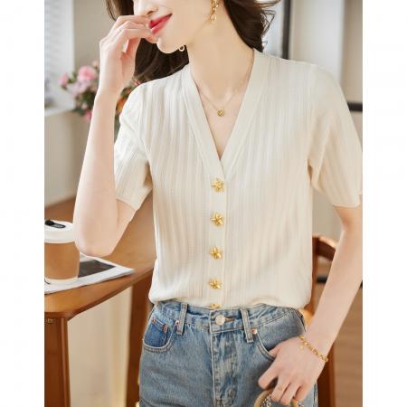 BY14451# 法式高级感小香风开衫短款上衣女夏薄款别致V领冰丝短袖针织小衫服裝批發女裝批發服飾貨源