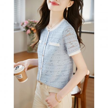 BY14452# 高级蕾丝上衣女短袖夏季新款撞色圆领勾花镂空时尚小衫服裝批發女裝批發服飾貨源