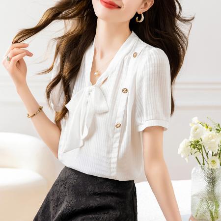 BY14454# 夏季新款衬衫女蝴蝶结飘带领条格提花小衫短袖直筒衬衣服裝批發女裝批發服飾貨源