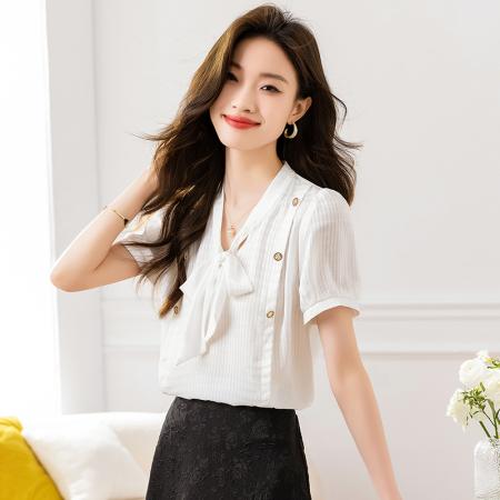 BY14454# 夏季新款衬衫女蝴蝶结飘带领条格提花小衫短袖直筒衬衣服裝批發女裝批發服飾貨源