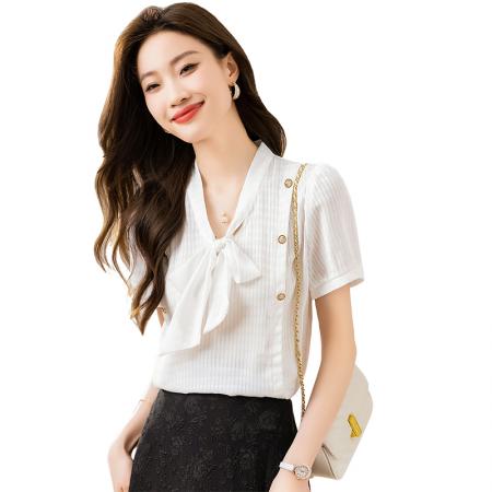 BY14454# 夏季新款衬衫女蝴蝶结飘带领条格提花小衫短袖直筒衬衣服裝批發女裝批發服飾貨源