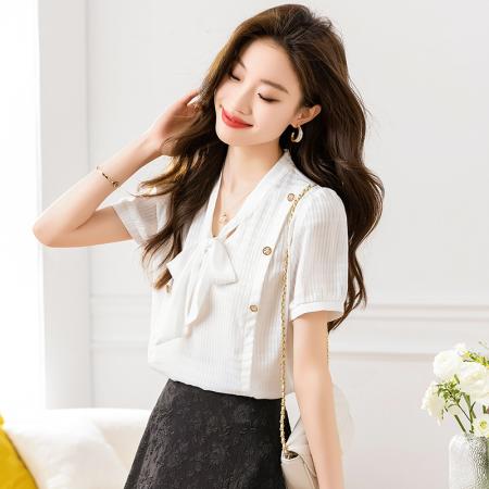 BY14454# 夏季新款衬衫女蝴蝶结飘带领条格提花小衫短袖直筒衬衣服裝批發女裝批發服飾貨源