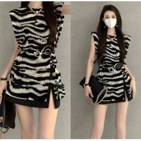 BY14456# 夏季御姐风斑马条纹无袖T恤中长款开叉性感收腰气质连衣裙配腰带服裝批發女裝批發服飾貨源