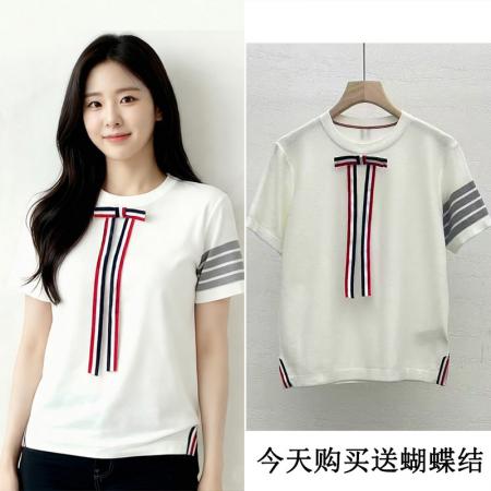 BY14458# 四条杠蝴蝶结圆领天丝针织衫短袖T恤女设计感上衣新款夏季服裝批發女裝批發服飾貨源