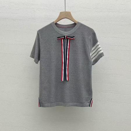 BY14458# 四条杠蝴蝶结圆领天丝针织衫短袖T恤女设计感上衣新款夏季服裝批發女裝批發服飾貨源