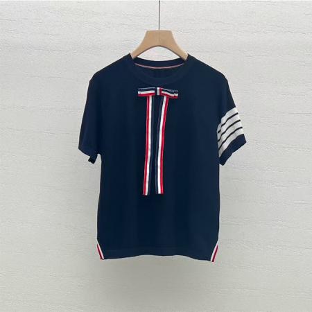 BY14458# 四条杠蝴蝶结圆领天丝针织衫短袖T恤女设计感上衣新款夏季服裝批發女裝批發服飾貨源