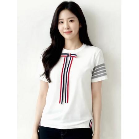 BY14458# 四条杠蝴蝶结圆领天丝针织衫短袖T恤女设计感上衣新款夏季服裝批發女裝批發服飾貨源
