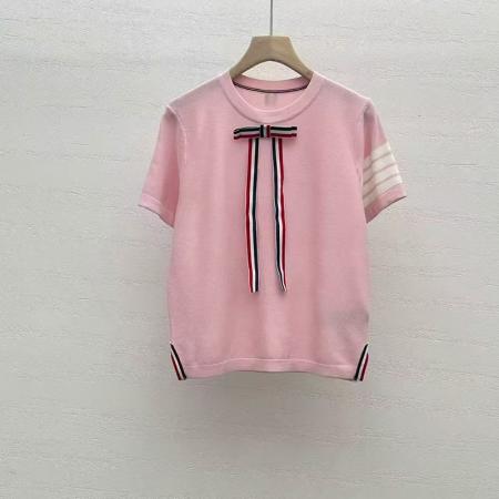 BY14458# 四条杠蝴蝶结圆领天丝针织衫短袖T恤女设计感上衣新款夏季服裝批發女裝批發服飾貨源