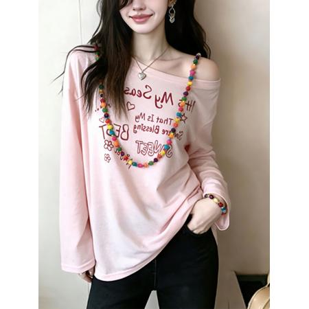 BY14459# 甜美粉色字母印花露肩长袖T恤女新款韩系漂亮设计感早春上衣服裝批發女裝批發服飾貨源