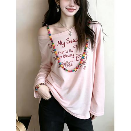 BY14459# 甜美粉色字母印花露肩长袖T恤女新款韩系漂亮设计感早春上衣服裝批發女裝批發服飾貨源