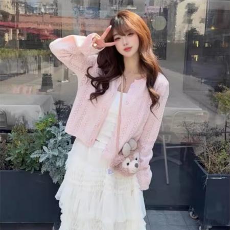 BY14460# 韩系柔软针织镂空开衫女春秋新款气质休闲百搭显瘦长袖镂空上衣服裝批發女裝批發服飾貨源