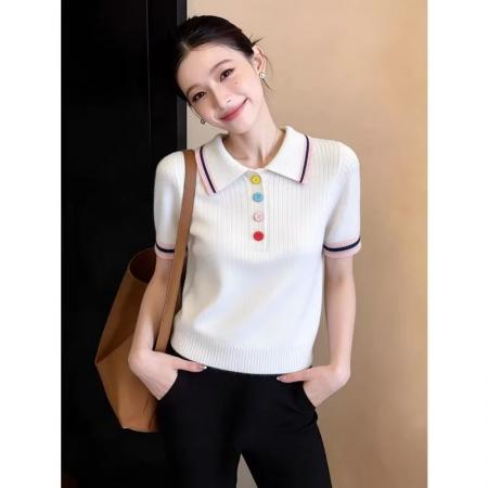 BY14462# 巨好看绝美小个子漂亮polo领撞色针织短袖女彩色扣子显瘦气质上衣服裝批發女裝批發服飾貨源