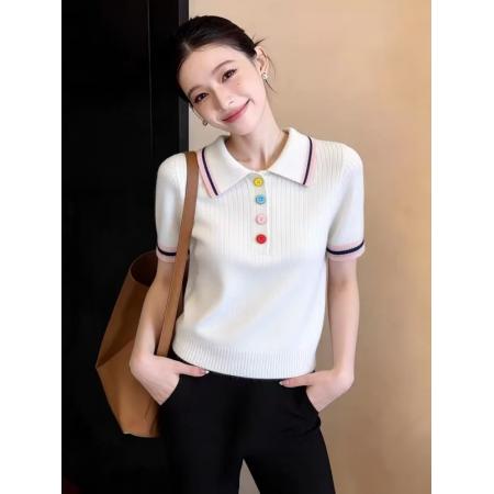 BY14462# 巨好看绝美小个子漂亮polo领撞色针织短袖女彩色扣子显瘦气质上衣服裝批發女裝批發服飾貨源